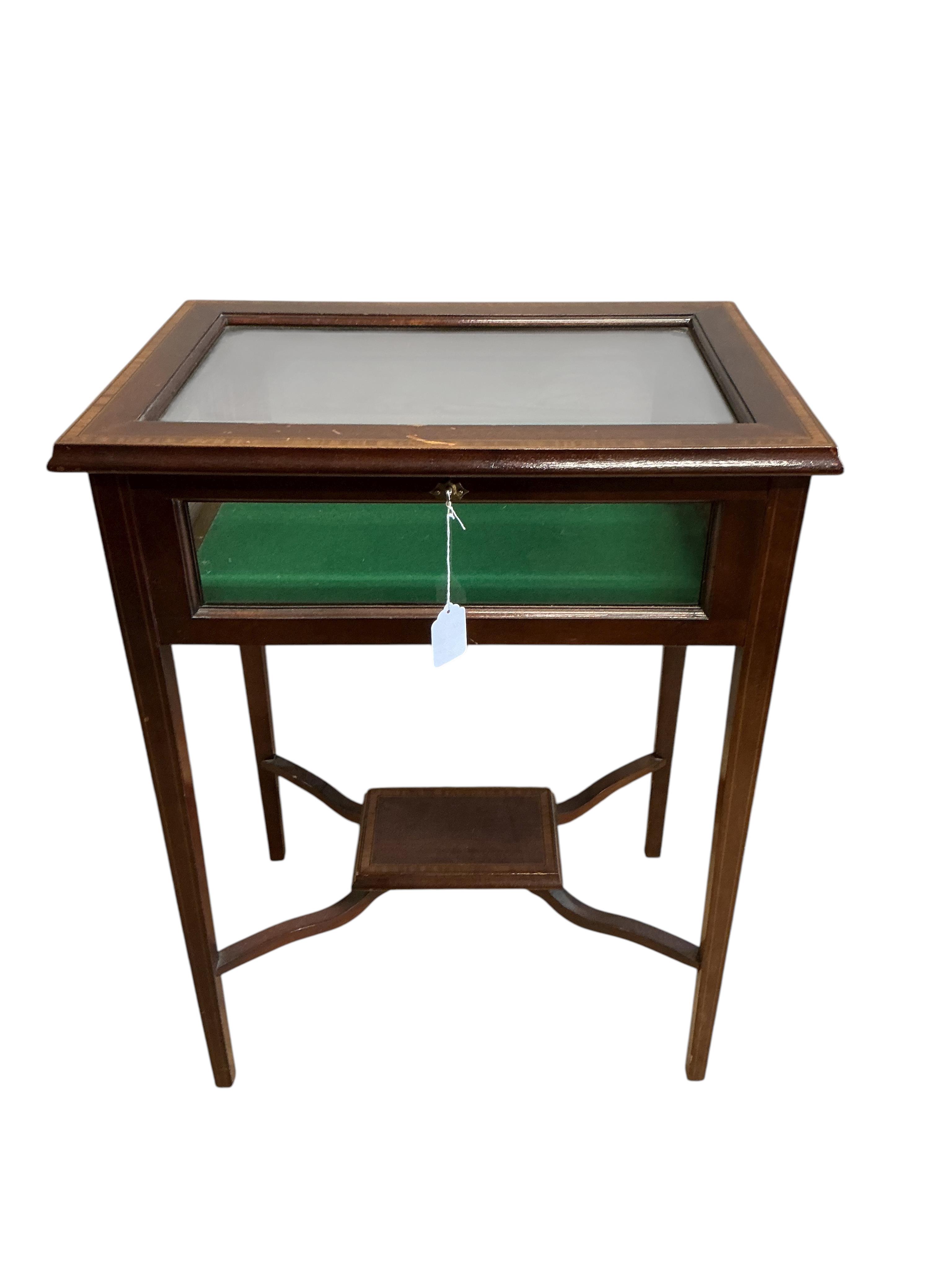 An Edwardian style satinwood banded mahogany hinged top bijouterie table, width 58cm, depth 40cm, height 76cm